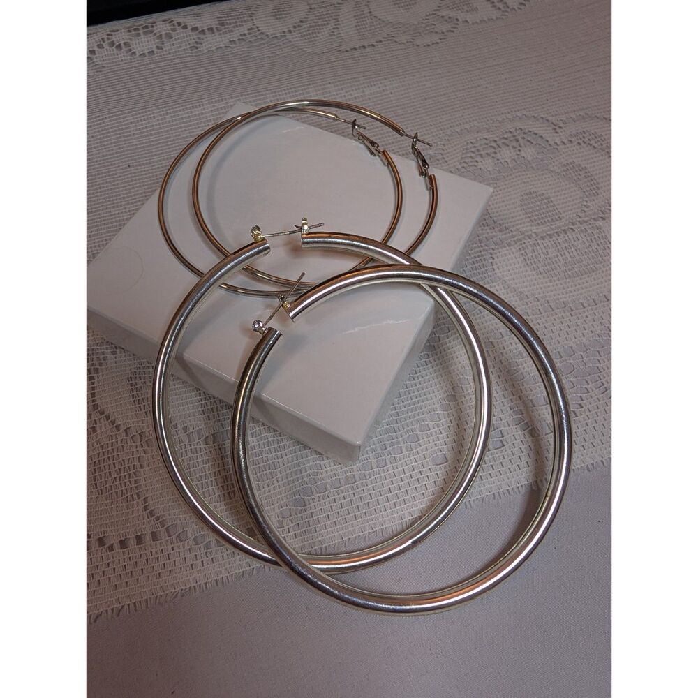 2 Pair Silver Hoop Earring Set - 3.5" Large Chunky & Thin Statement Hoops